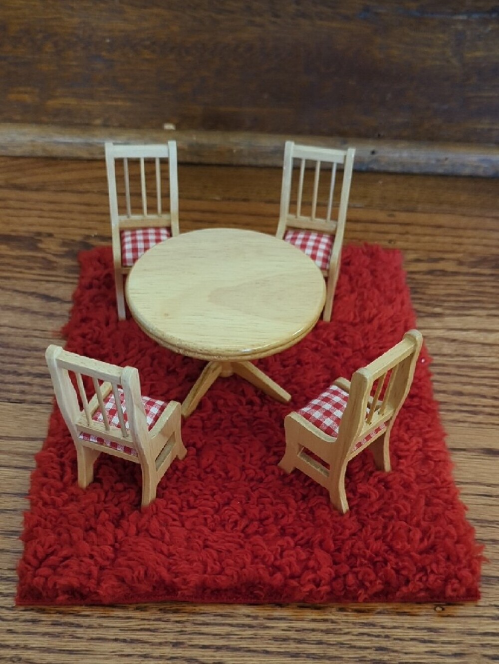 Miniature Wooden Dining Set with Red Check Chairs
